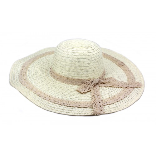 Wide Brim Hat -Straw Hat- Paper Straw Hat w/ Lace Band - Ivory - HT-ST1151IV